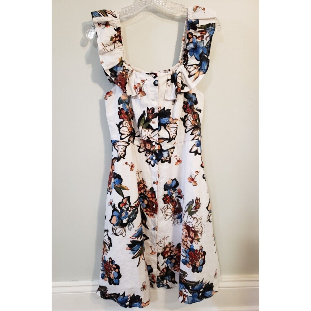 Neiman Marcus Dress Womens Sz 8 Linen White Floral Ruffle Button Down Beautiful